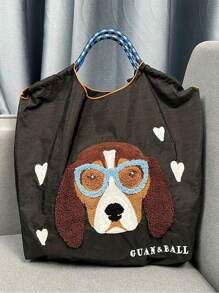 1 件新款休闲毛巾刺绣比格犬图案大容量尼龙手提包，适合派对、旅行、购物和海滩使用