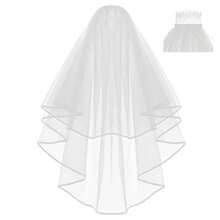 White Ivory 2 Layers Wedding Bridal Veil Elbow Length With Comb 2025 - Red and White - View 3