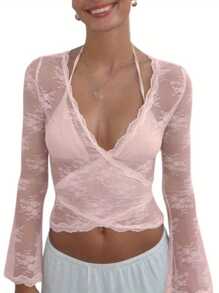 Women's Y2K Summer Lace Crop Tops Long Sleeve Deep V Neck Cross Wrap Slim Fit T-Shirts Sexy Fairy Coquette Blouses Beach Streetwear - 粉色 - 查看 1