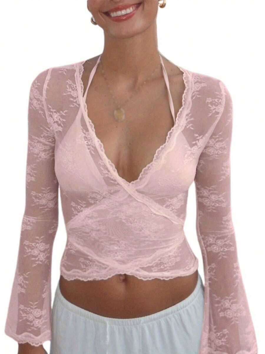 Women's Y2K Summer Lace Crop Tops Long Sleeve Deep V Neck Cross Wrap Slim Fit T-Shirts Sexy Fairy Coquette Blouses Beach Streetwear - 粉色 - 查看 1