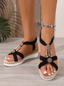 Sandales compensées et à plateforme de 5,5 cm de style vintage pour femmes, sandales bohèmes noires à perles et corde de fond pour l'été 2025 , chaussures de vacances