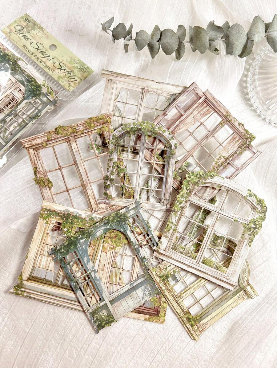 10pcs/Pack Vintage Window Stickers, For Crafts, Scrapbooking, Card Making, Planners, DIY Decorations,School Supplies,Back To School - Multicolor - View 1