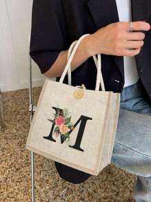 1pc Linen Flower & Letter Print Tote Bag, Minimalist Large Capacity Handbag, Portable Casual Storage Bag, Multifunctional Shopping Bag, Personalized Gift Bag, Suitable For Weddings, Birthdays, Beaches, Holidays And Other Occasions, Perfect Gift For Girls, Teachers, Friends, Bridesmaids, Students And Back To School, Also The Best Christmas Gift For Teachers