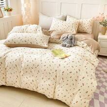 3pcs Floral Print Duvet Cover Set (1*Duvet Cover + 2*Pillowcases), Skin-Friendly Fabric, Soft Handle, 100% Polyester, Machine Washable, Suitable For All Seasons, Thanksgiving And Valentine's Day