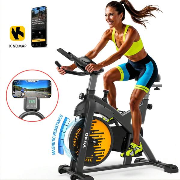 Bicicleta estática VOWVIT con resistencia magnética: bicicleta estática ergómetro silenciosa con monitor LCD y bicicleta de fitness inteligente para interiores con Bluetooth con asiento ajustable, marco en H estable, capacidad de carga hasta 160 kg