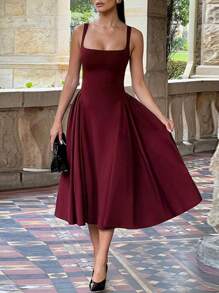 WOWDARK 女式简约纯色方领 A 字形吊带连衣裙，秋季 - 紅色 - 查看 4