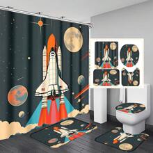 4 pièces Ensemble de rideaux de douche et accessoires de salle de bain avec tapis antidérapants, couvercle de toilette et tapis de bain. Imperméable, séchage rapide, résistant aux moisissures. Décoration de salle de bain avec 12 crochets. Thème chocolat, bonbon, citrouille d'Halloween, cœurs, navette spatiale, coucher de soleil, plage, palmiers pour la maison, l'hôtel, le dortoir