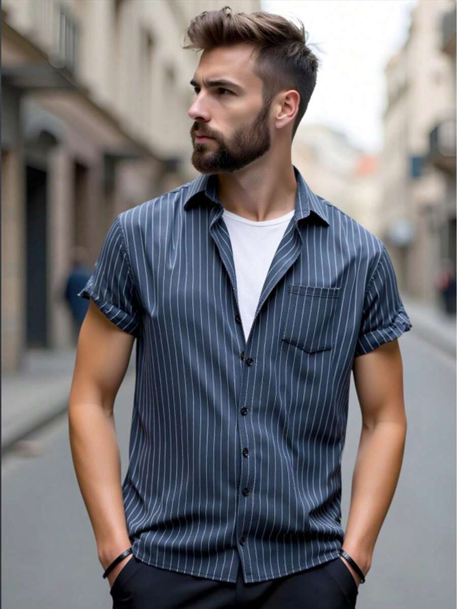 Camisa de botones para hombres camisa de manga corta sin arrugas camisa de rayas casuales blusa con camisa de bolsillo - Neblina azul - Ver 1