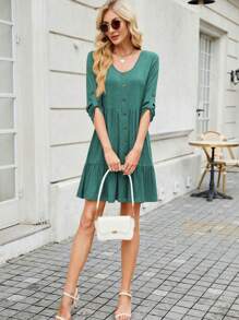 Women's V-Neck Button-Front Babydoll Dress With 3/4 Sleeves And Tiered Ruffle Hem - Green - View 7