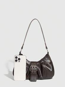 1pc Women's PU Leather Bag, Versatile Vintage Small Purse, Fashion Crescent Bag, Y2K Girl Bag, Shoulder Underarm Bag, Burgundy Color Handbag - Coffee - View 4