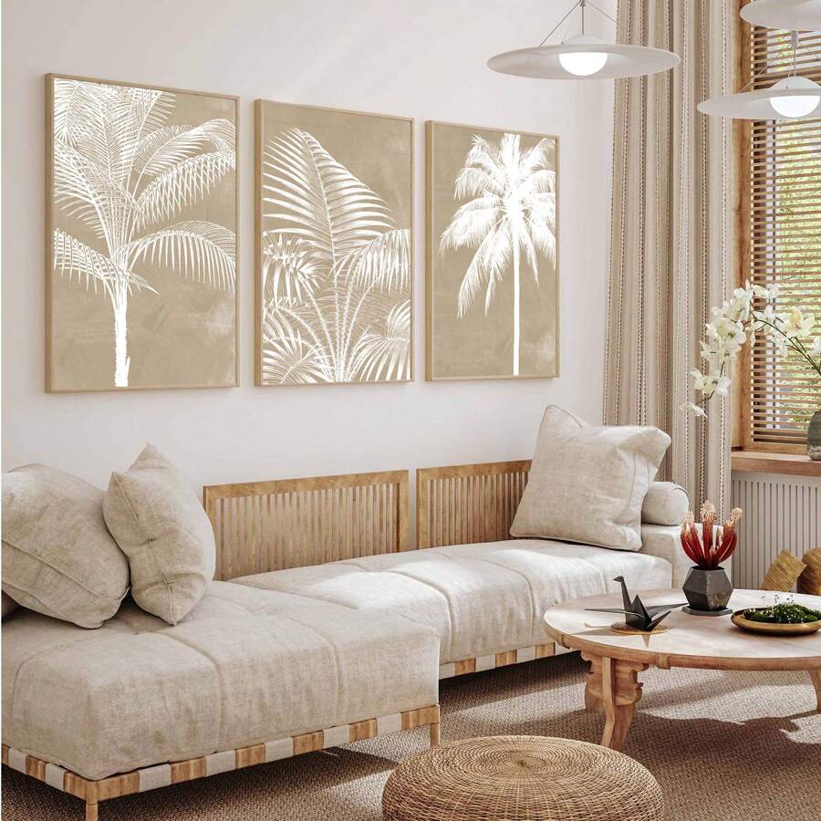 1/3pcs Abstract Palm Tree Wall Art Picture Tropical Leaves Prints Canvas Paintings Beige, Tan Neutral Modern Poster Boho Beachy Decor For Bedroom, Living Room, Or Drom Wall Decor Gift For Her, Unframed