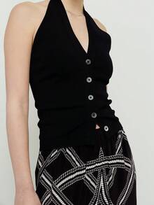 Top sin mangas con cierre de botones de alta gama, tipo halter y espalda descubierta, estilo coreano - Negro - Ver 3