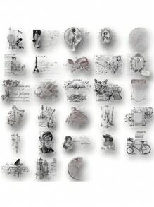 SCXXBSW 58 件装复古邮票剪贴画卡通涂鸦贴纸装饰水杯笔记本行李防水贴纸 - 彩色 - 查看 9