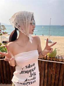 1 pièce Foulard en dentelle florale vintage pour fille, foulard décoratif beige de style français, foulard en soie rétro rural, bandana pour cheveux de printemps/été