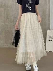 A字高腰网纱荷叶边裙，别致甜美的仙女裙 - 杏色 - 查看 2