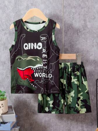 2pcs Young Boy Camouflage Dinosaur Print Tank Top And Shorts Set, Thin Undershirt Outerwear Top And Outdoor Sports Running Shorts, Sleeveless Top For Boys Aged 4-12