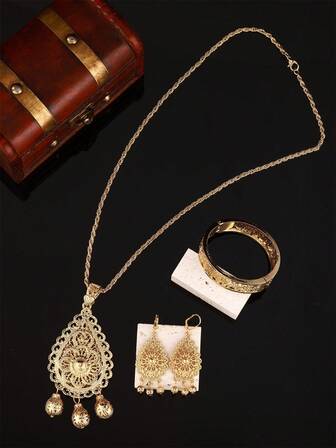 Algerian Style Fashion Women's Necklace, Earrings, And Bracelet Set With Hollow Carved Floral Patterns And Small Ball Pendants, Traditional Women's Wedding, Banquet, And Festival Wear Set