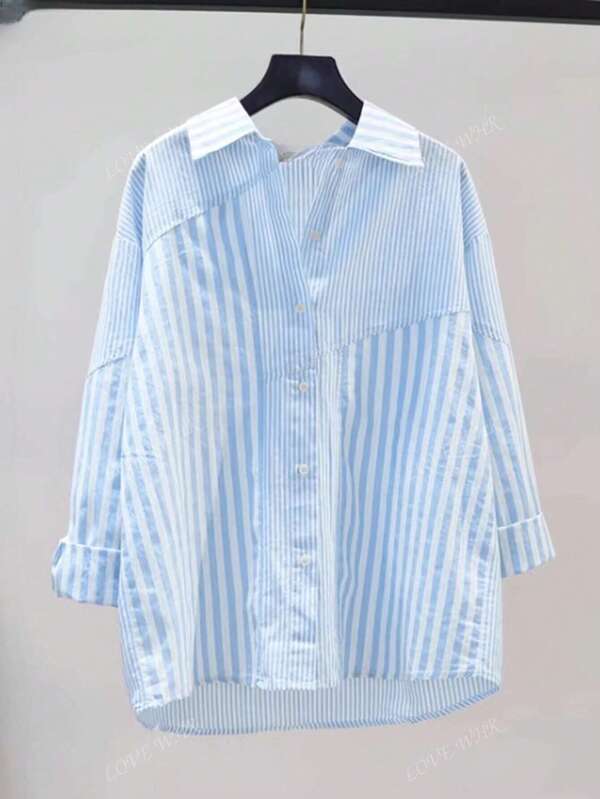 Blusa feminina casual solta listrada patchwork, gola elegante, blusa de manga comprida primavera/outono 2025