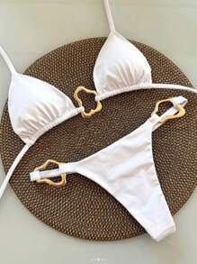 New Sexy European And American Style Solid Color Strap Buckle Accessory Bikini Swimsuit For Women Vacation Beach White Summer - White - View 1