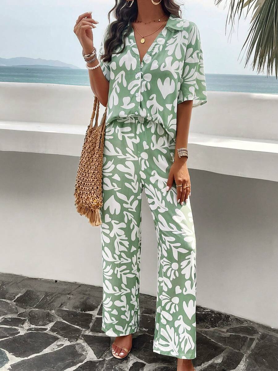 Vaiaye Women Summer Hawaii Boho Tropical Beach Vacation Style Outfits,Super-Loose Casual Petal Blouse With Baggy Pants