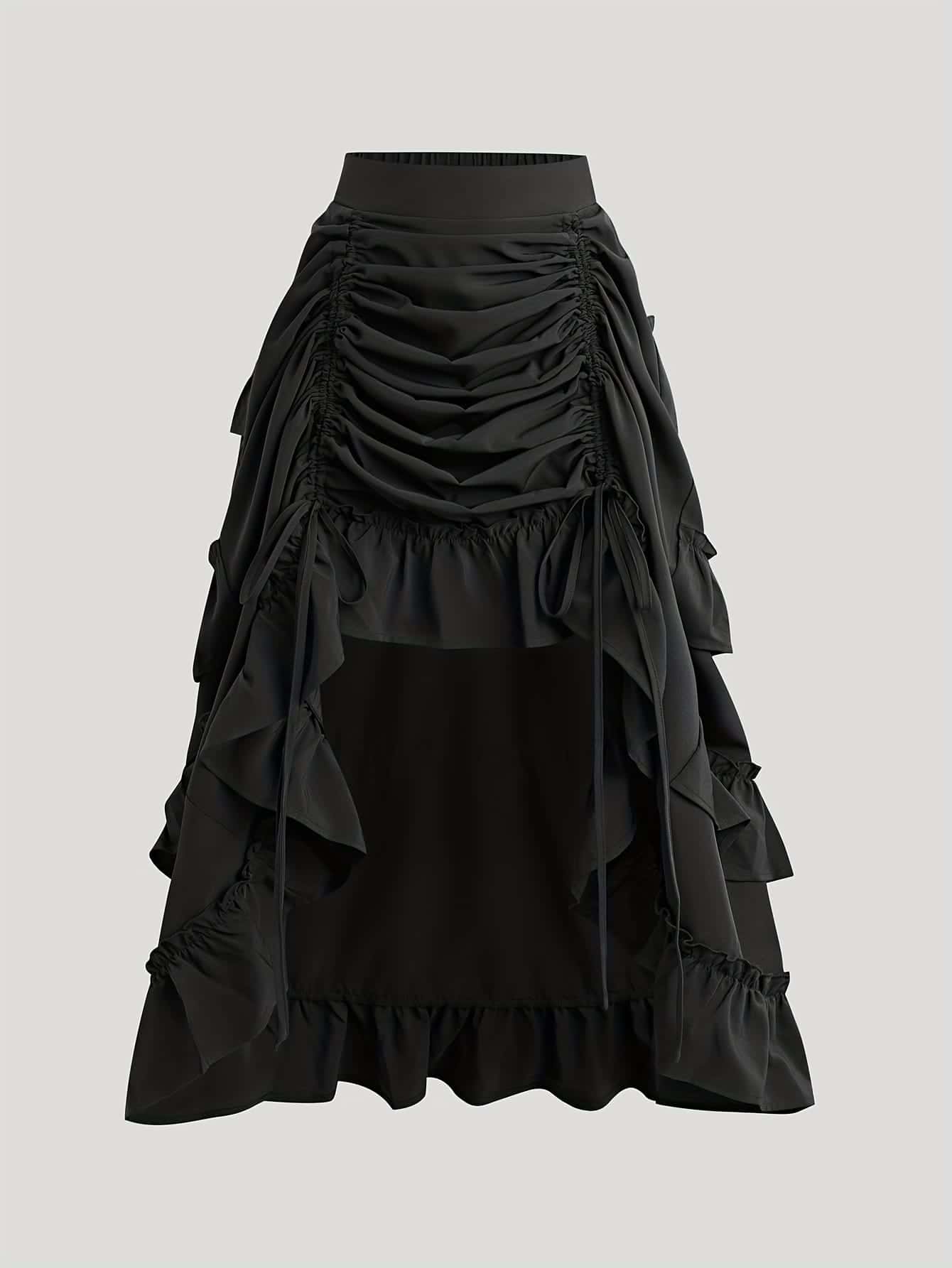 [High-Waist Ruffle Trim Skirt] High-Waist Ruffle Trim Skirt, Fashionable High-Low A-Line Drawstring Maxi Skirt, Pleated Ruffle Hem, Multi-Layer Design, Women's Casual Wear For Spring & Summer - Black - View 1