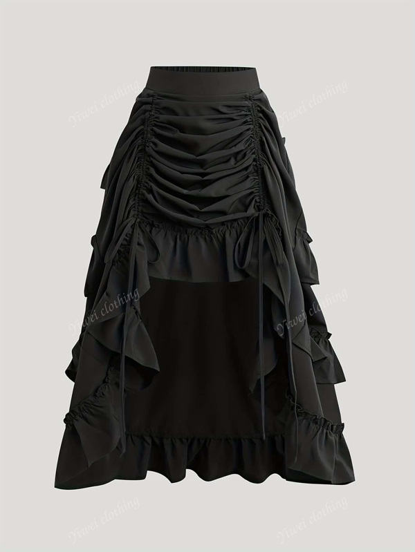 [High-Waisted Ruffle Trim Skirt] High-Waisted Ruffle Trim Skirt, Fashionable High-Low A-Line Drawstring Skirt, For Spring And Summer, Women's Clothing