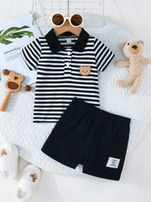 2 件套 幼儿男童时尚小熊贴片条纹领上衣和纯色短裤 夏季休闲户外套装