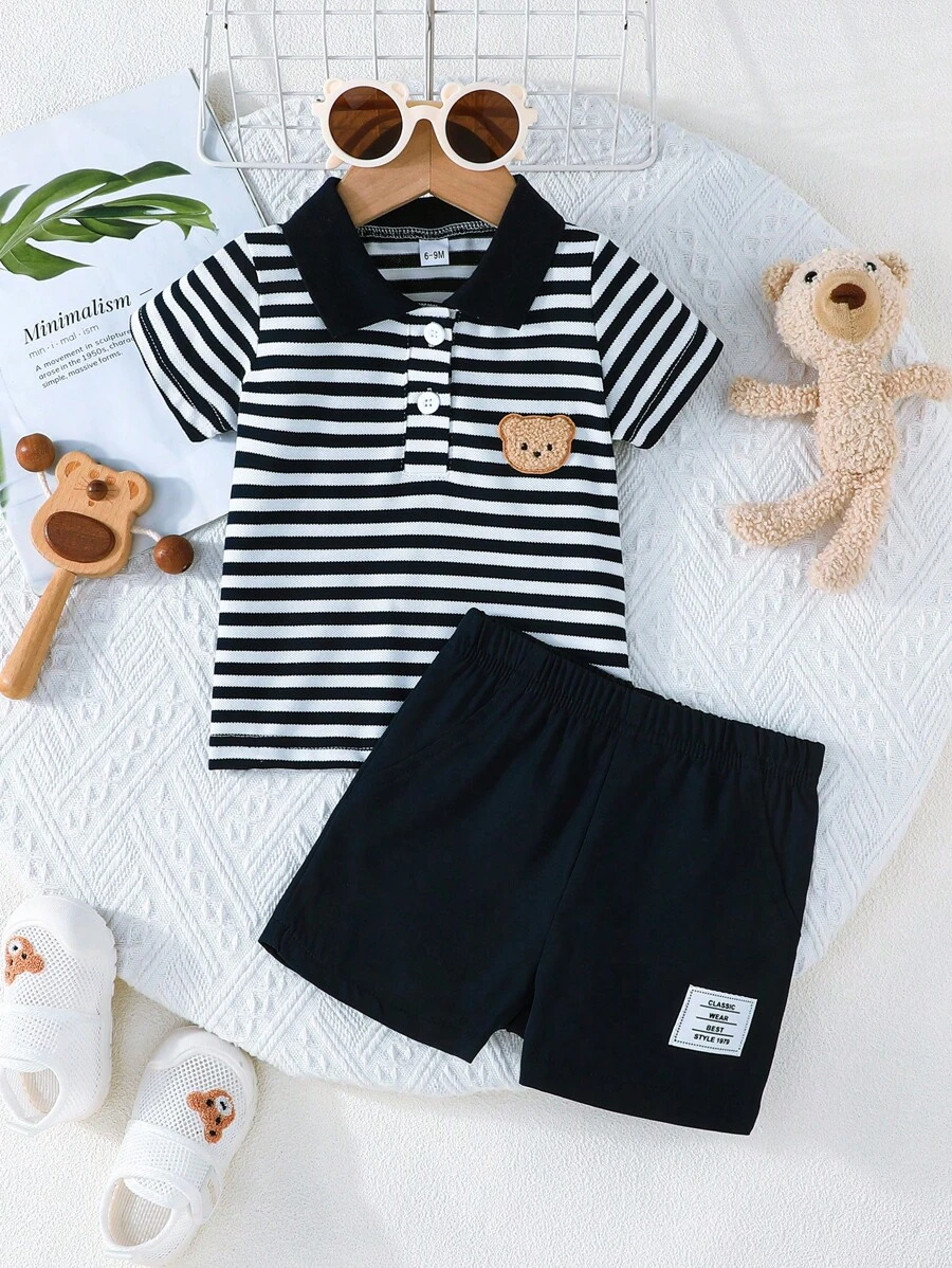 2 件套 幼儿男童时尚小熊贴片条纹领上衣和纯色短裤 夏季休闲户外套装