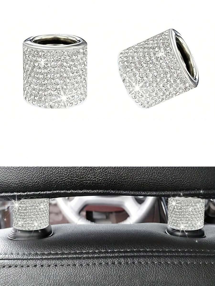 2pcs/Set Rhinestone Decorated Car Headrest Rings, Universal Seat Connector Decorative Rings - White - View 1