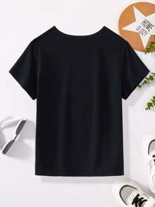 年轻男孩口号印花圆领休闲短袖 T 恤 - 黑色 - 查看 2