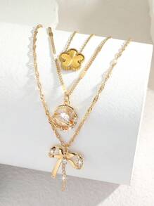 3 件套优雅奢华魅力时尚锆石五瓣花、水滴、心、星星、月亮、蝴蝶和蝴蝶结设计项链吊坠，是送给女性、女朋友、最好的朋友、妈妈、老师、毕业典礼的理想礼物 - 彩色 - 查看 1