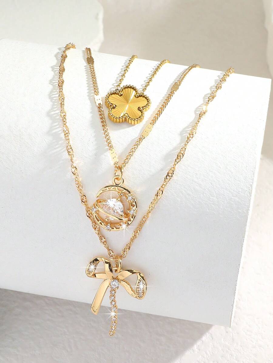 3 件套优雅奢华魅力时尚锆石五瓣花、水滴、心、星星、月亮、蝴蝶和蝴蝶结设计项链吊坠，是送给女性、女朋友、最好的朋友、妈妈、老师、毕业典礼的理想礼物 - 彩色 - 查看 1