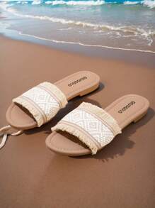 2024 年夏季新款女童编织休闲软底拖鞋 - 米色 - 查看 3