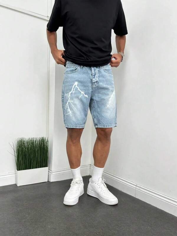 Men's Loose Straight Denim Shorts, Water Wash Printed Street Style Casual Mid-Length Pants