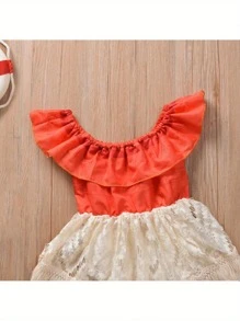 Toddler Baby Girls Summer Rompers Short Sleeve Floral Print Bodysuit Lace Ruffle Tulle Skirt Hem - 米色 - 查看 5