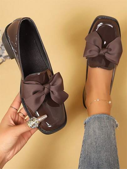 Women's Square Toe Casual Loafers, Bow Decor, Low Heel Slip-On Shoes, Mirror Material, Flats, Mary Jane, Chunky Heel Small Leather Shoes, Office Shoes, Brown Mid Heel Shoes, Vintage College Style Flats, Minimalist Flats, Women's Formal Shoes, Spring/Autumn Flats, Women's Slip-On Shoes, Brown Shoes