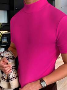 Playera Basica Ajustada de Manga Larga con Cuello Alto para Hombre - Rosa Roja - Ver 3