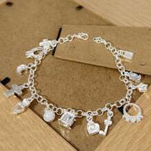 Damesarmbanden, dertien bedelarmbanden, zilveren veelkleurige bedel geluksarmband, verstelbare kettingarmband en gemengde bedel kruis hart sleutel ster maan slotring
