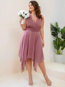 Plus Váy phù dâu không tay viền bất đối xứng Váy trang trọng màu hồng - Bụi hồng - Xem 3