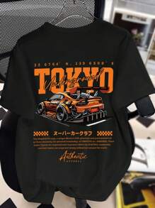 Camiseta de manga corta con cuello redondo, estampado de eslogan de carreras, de estilo suelto y informal, para adolescentes, adecuada para la escuela, las vacaciones y las compras, de vuelta al colegio - Negro - Ver 3