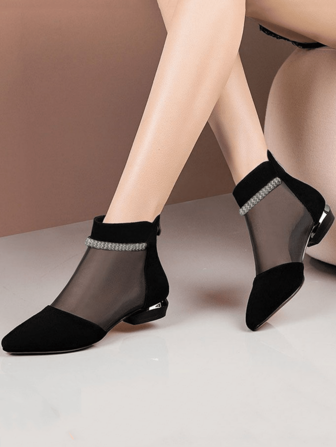 女士时尚高跟鞋，网眼拼布透气浅口鞋，水钻装饰粗跟鞋