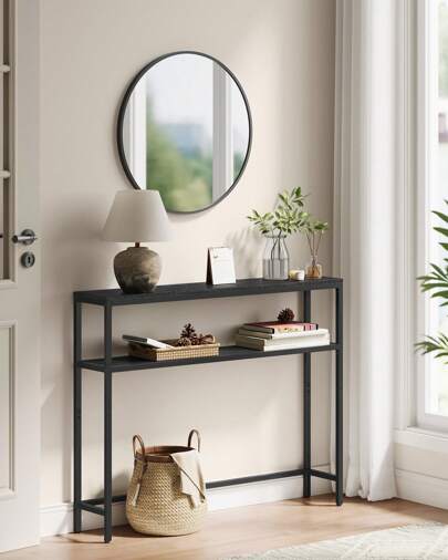 VASAGLE Konsolentisch, schmaler Sofatisch mit 2 Ablagen, 20 x 100 x 80 cm, Flurtisch, 2 Ebenen, für Flur, Wohnzimmer, Schlafzimmer, anthrazitgrau-tintenschwarz
