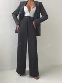 Women's 2pcs Elegant Belted Double-Breasted Blazer Jacket & Elastic Waist Straight Leg Pants Suit Set, Office Work Wear, Fall/Winter, Suitasble For Spring Business Casual