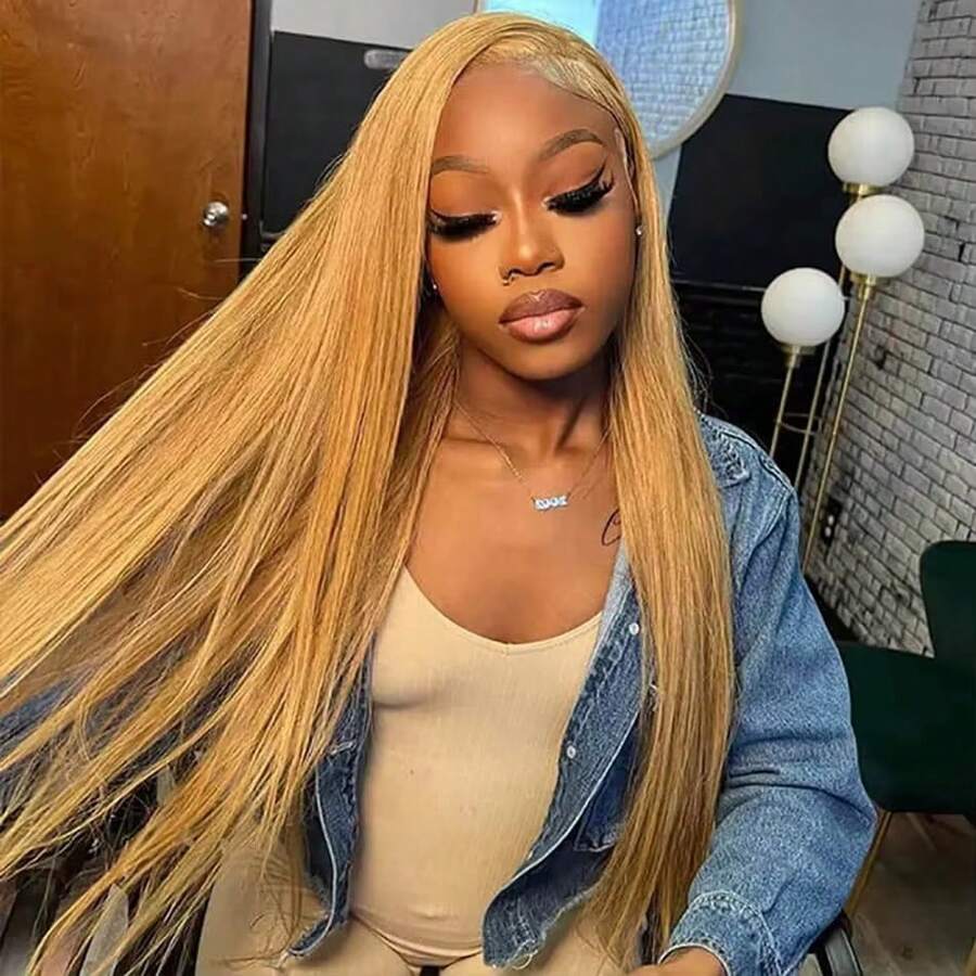 Honey Blonde Wig Human Hair 200% Density 13x6 Honey Blonde HD Transparent Lace Front Wig Human Hair Pre Plucked Straight Blonde Lace Front Wig Human Hair Colored 27# Lace Frontal Wig 30 Inch - S27 - 查看 1