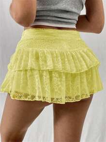 Women's Summer Lace Floral Skirt High Rise Tiered Ruffled Flowy Short Mini A Line Skirt Streetwear - Yellow - View 4