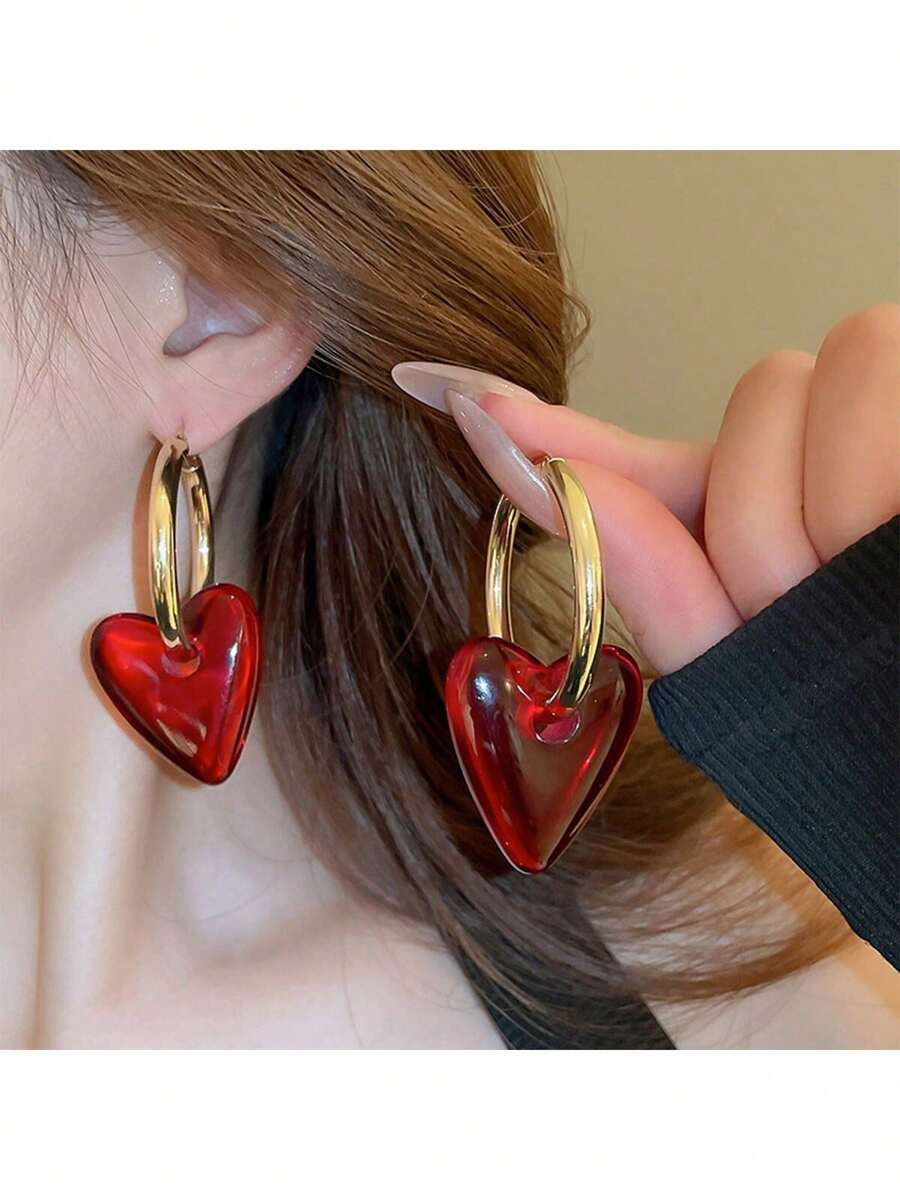 1 Pair Vintage Bold Red Heart Hoop Earrings, Fashionable & Minimalist Design, Versatile Accessory Suitable For Daily Or Party Wear, Perfect For Women & Valentine's Day