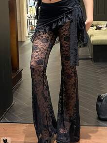 Gothic Style Asymmetrical Lace Hollow Out Slim Fit Wide Leg Pants, Fashionable, Comfortable, Casual For Holiday, Party