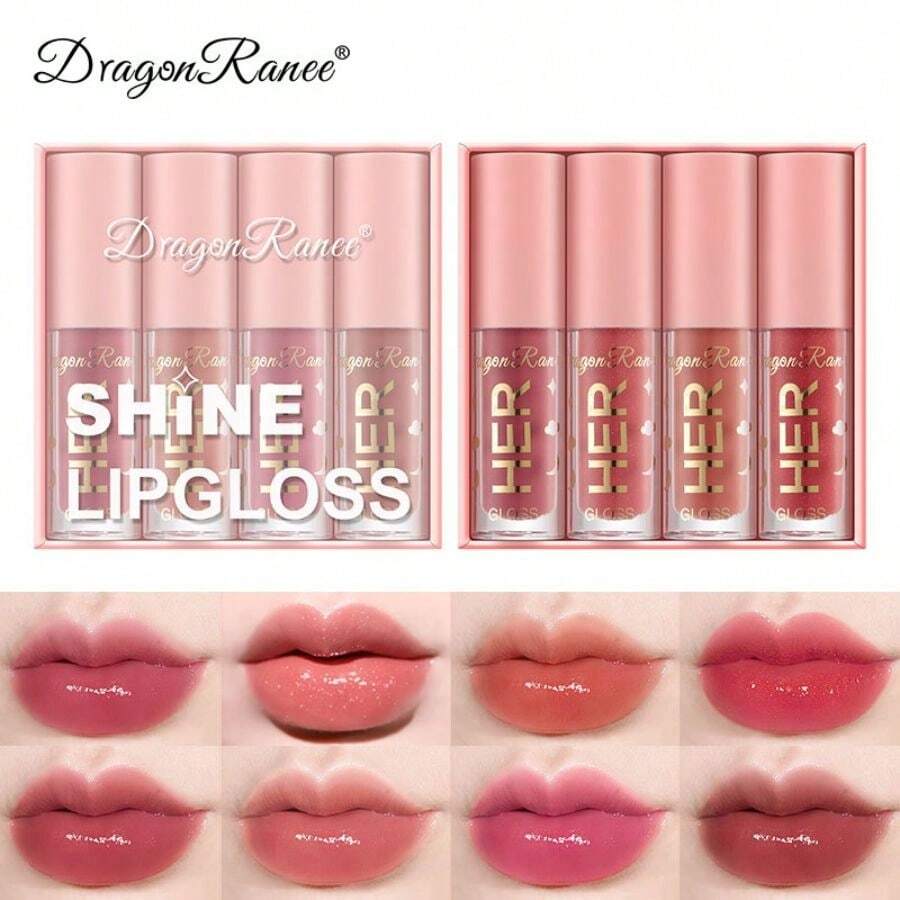 Dragon Ranee 水潤光澤唇彩,4入組水光澤度唇釉鏡子果凍唇彩唇妝套裝