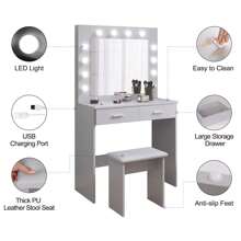 Jooli H White Dressing Table Set With LED Lighting Mirror, Cosmetic Table With 2 Large Drawers And Stool - Makeup Vanity Table Set - Bạc Xám - Xem 2