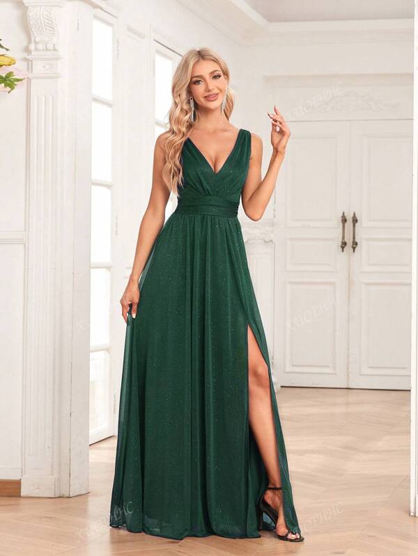 Summer Elegant Tulle V Neck Sleeveless A-Line Formal Bridesmaid Dresses,Wedding Guest Dress For Wedding,Prom Gown, Graduation, Dinner
